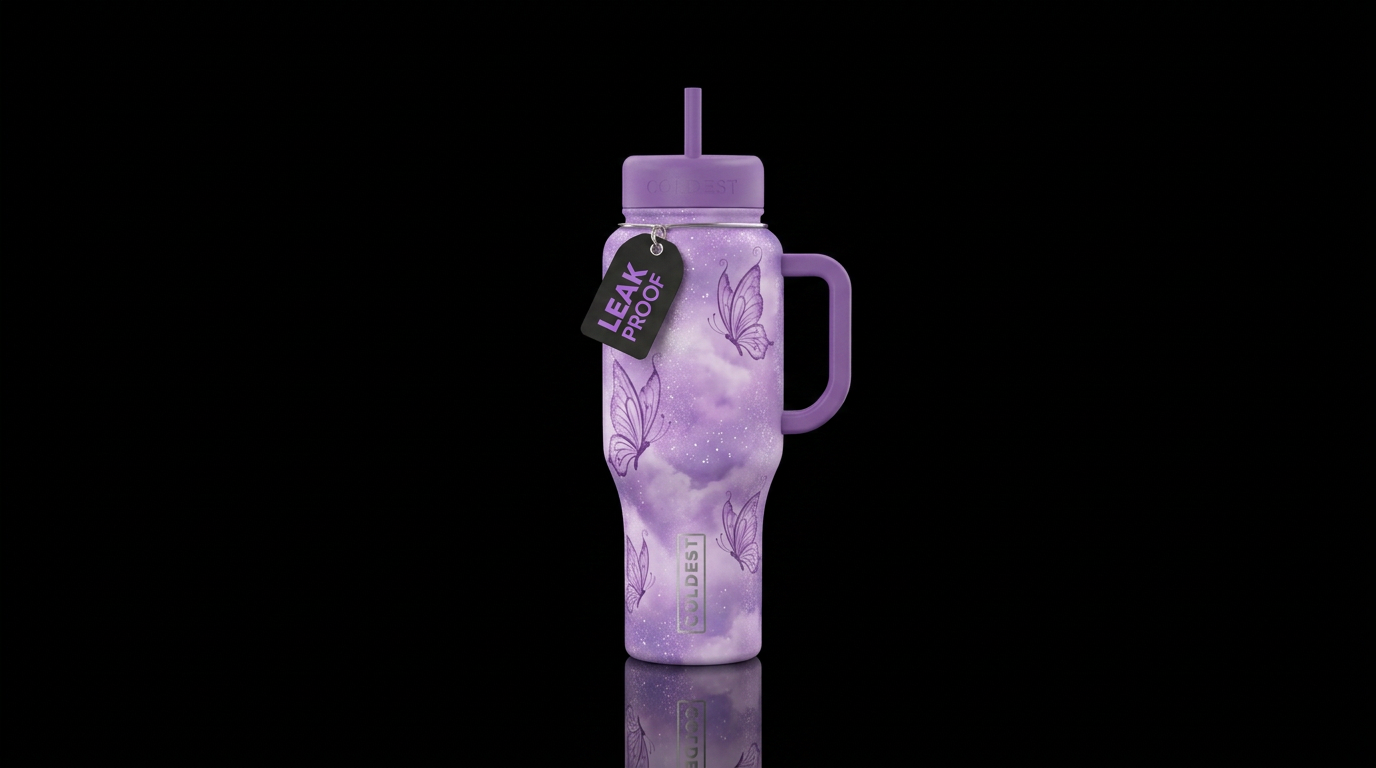 Butterfly swirls, dreamy cloud glittery purple bac... water bottle design