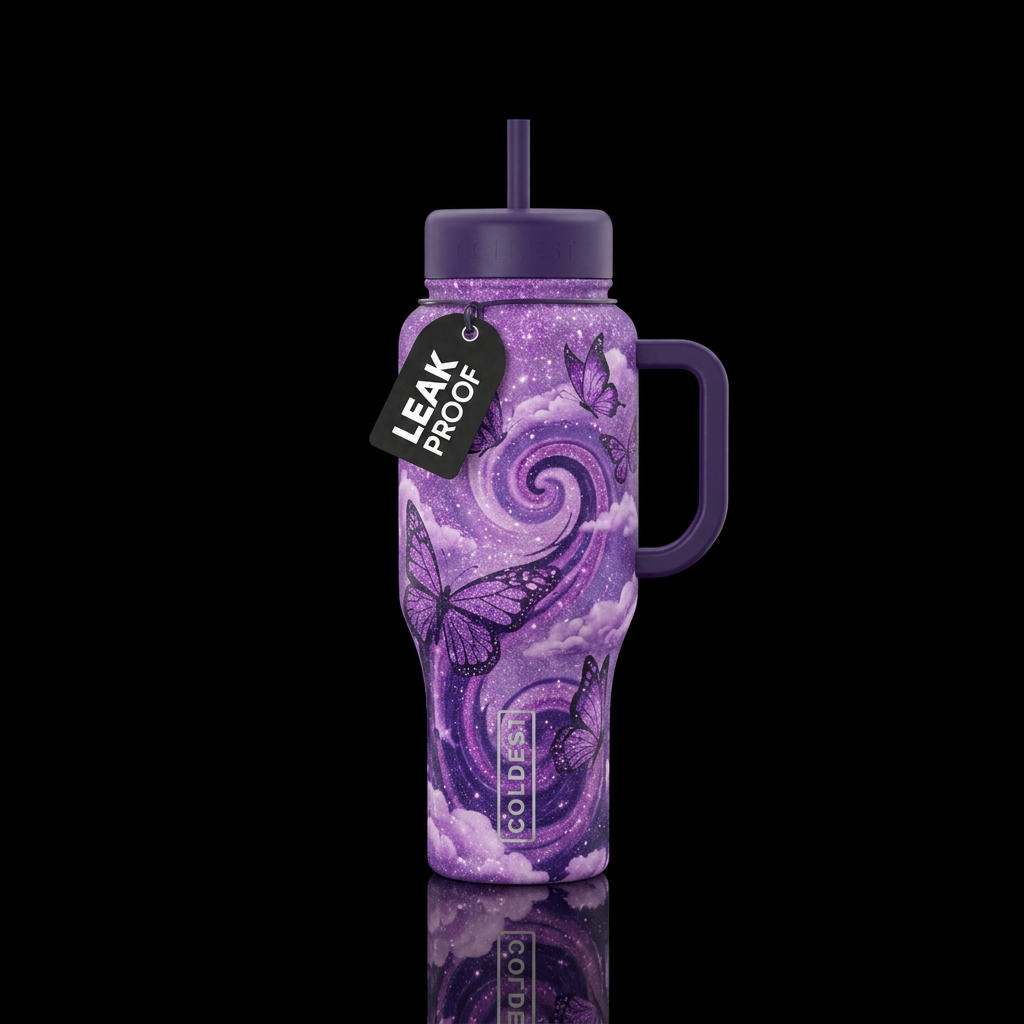 Butterfly swirls, dreamy cloud glittery purple bac... water bottle design