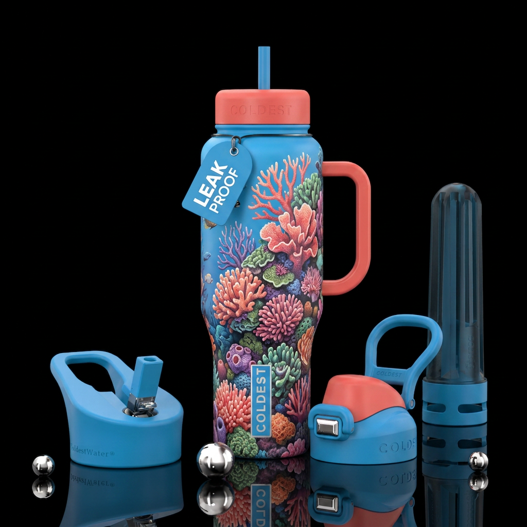 Cerulean bottle with coral choral reef water bottle design