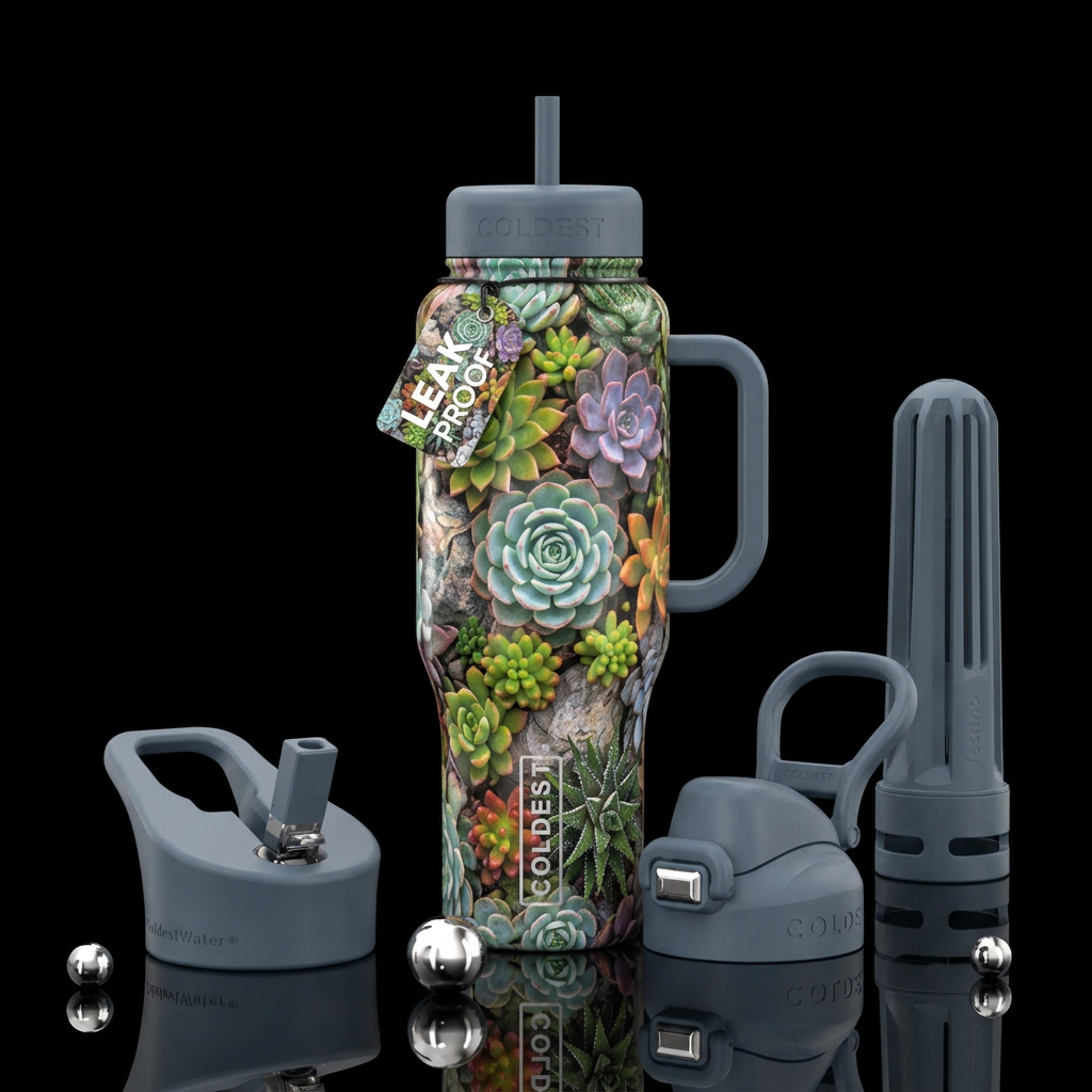 Succulent garden bottle with grayish blue lids and... water bottle design