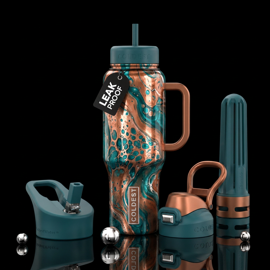 Copper and teal acrylic pour water bottle design