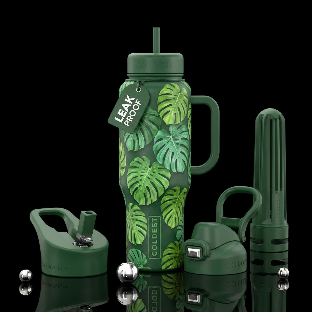 Monstera leaves on green bottle water bottle design