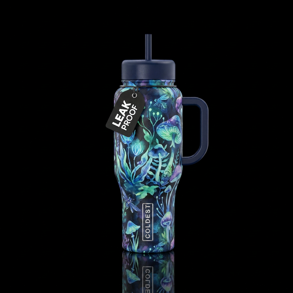 Water color style Bioluminescent midnight garden water bottle design