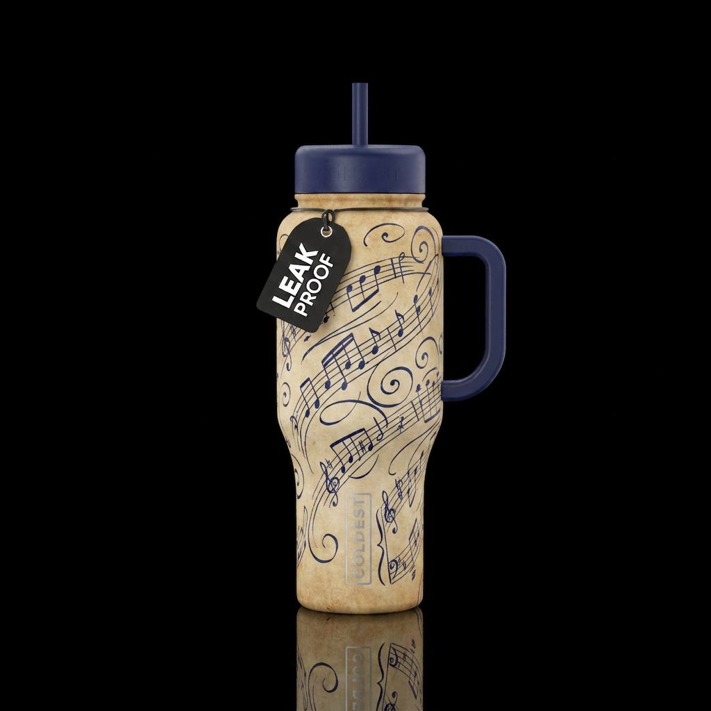Parchment color bottle with swirling indigo blue c... water bottle design