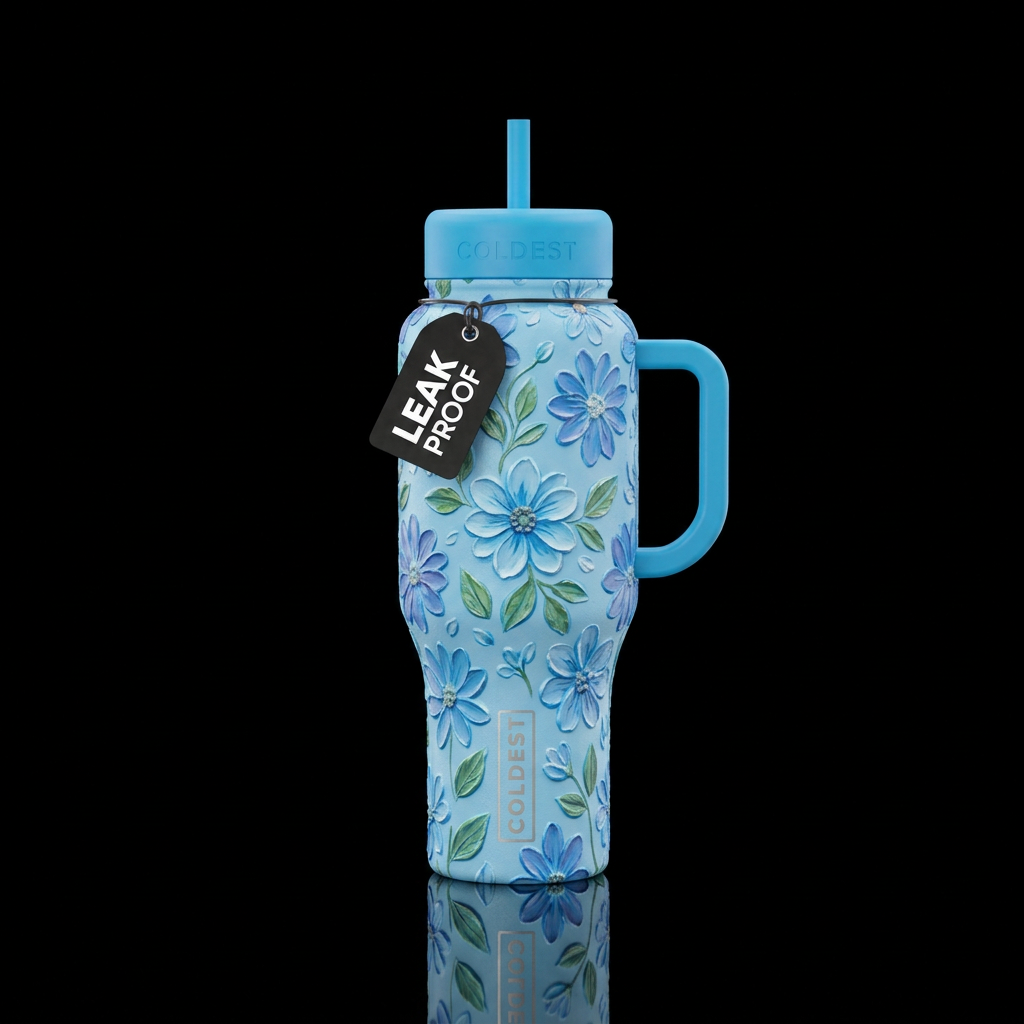 Light blue bottle with textured flowers and leaves... water bottle design