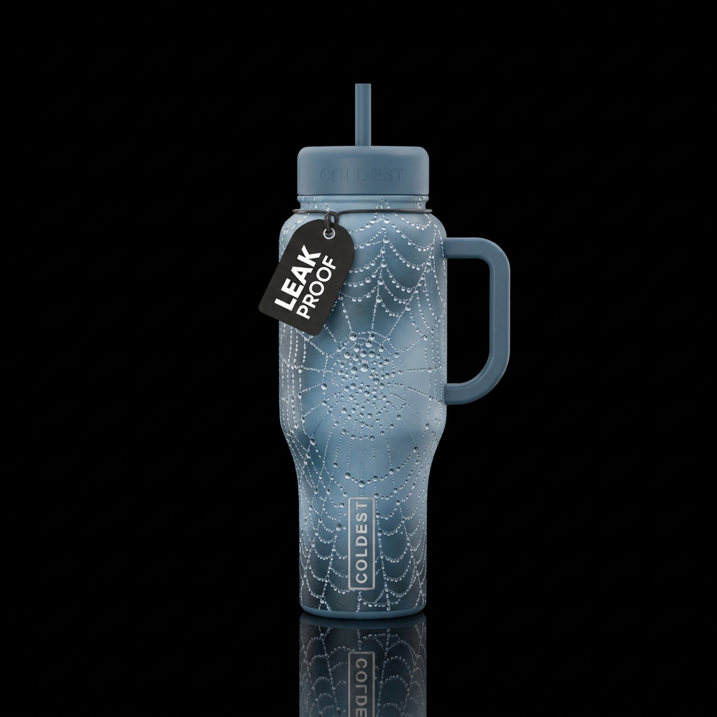 Misty blue bottle with spiderweb covered in dew dr... water bottle design