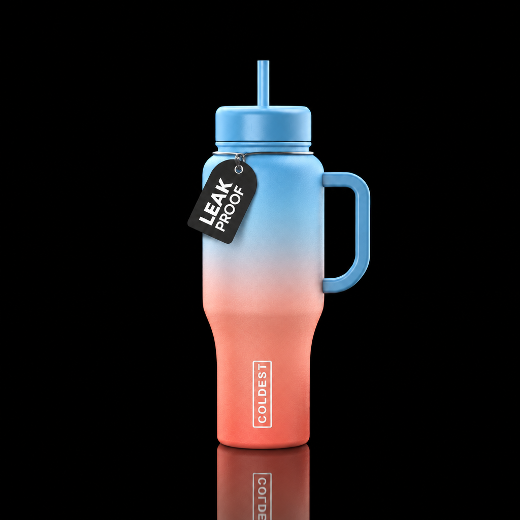 Light Sunset coral lower half  into light sky blue... water bottle design