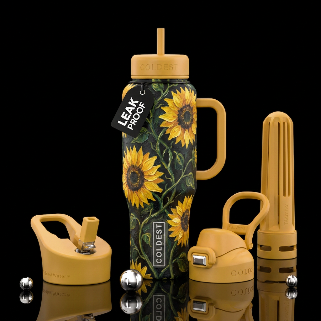 Sunflowers Art oil painted with vines water bottle design