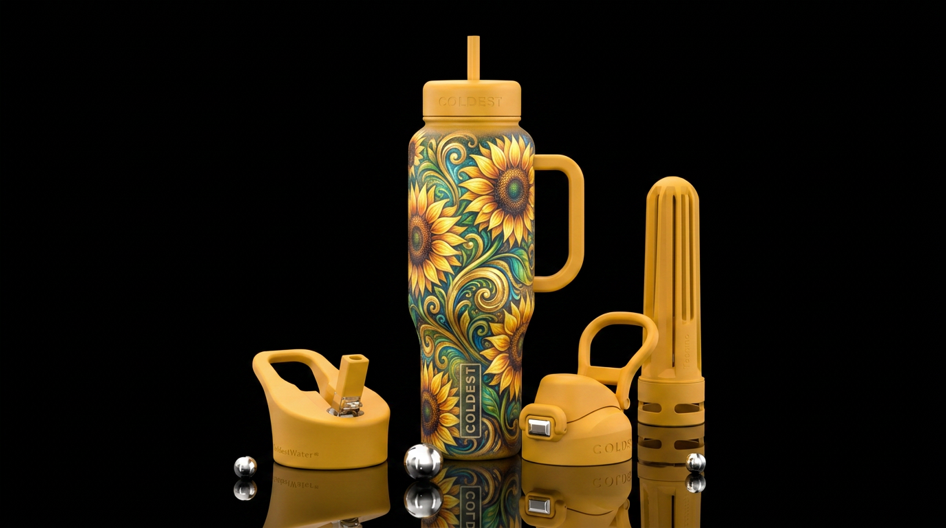 sunflowers, magical, swirls, spray painted water bottle design