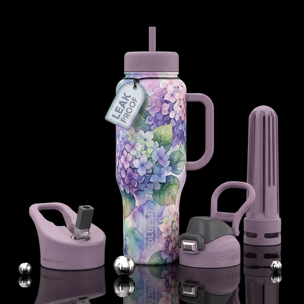 hydragea, serene, artistic, watercolor water bottle design