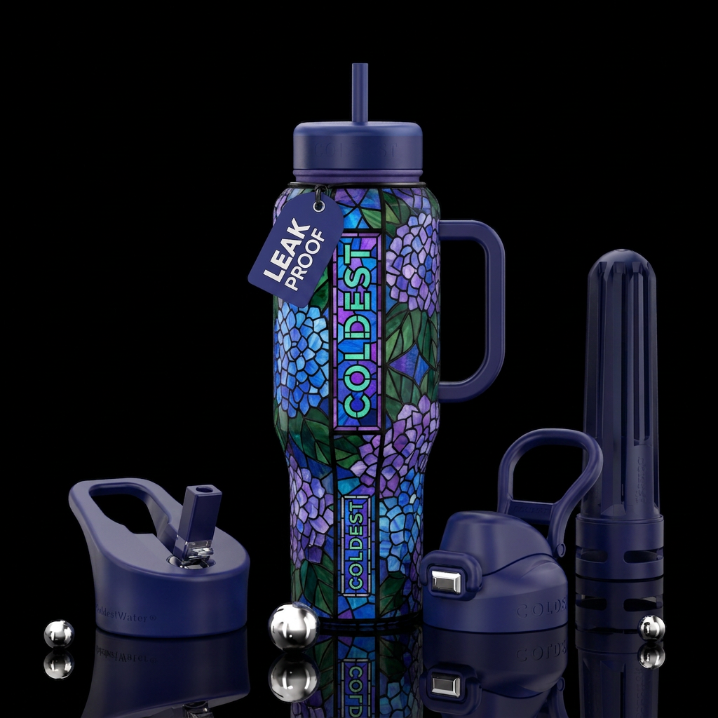 hydrangea, stained glass water bottle design