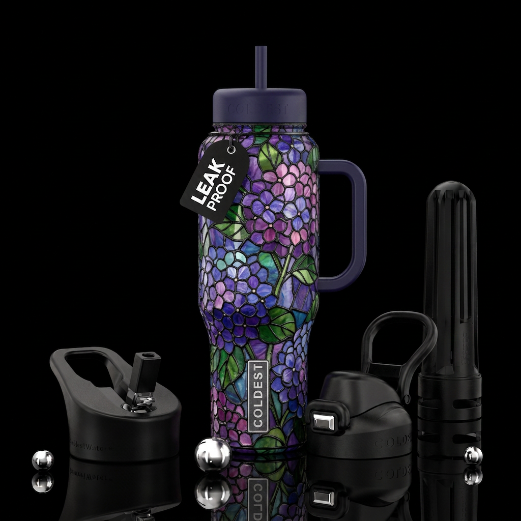 hydrangea, stained glass water bottle design