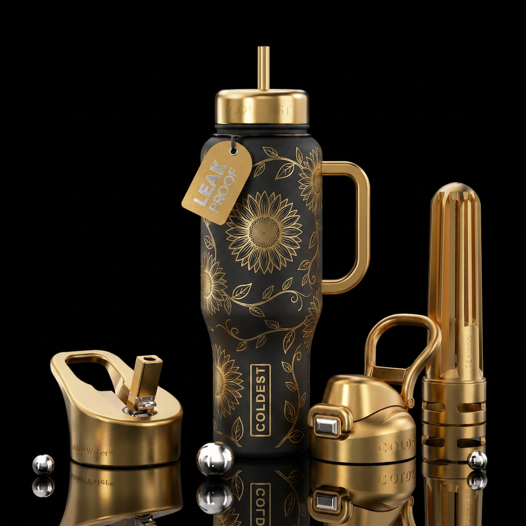 black background with sunflowers etched in GOld water bottle design