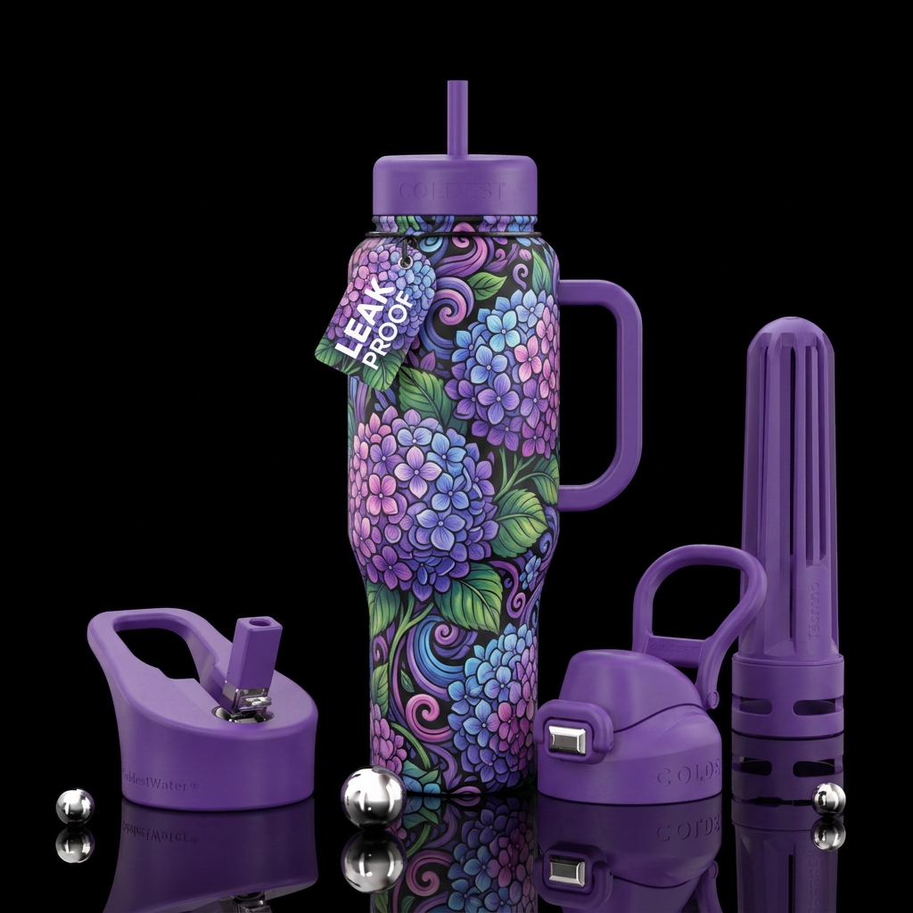 whimsical, swirls hydrangeas water bottle design