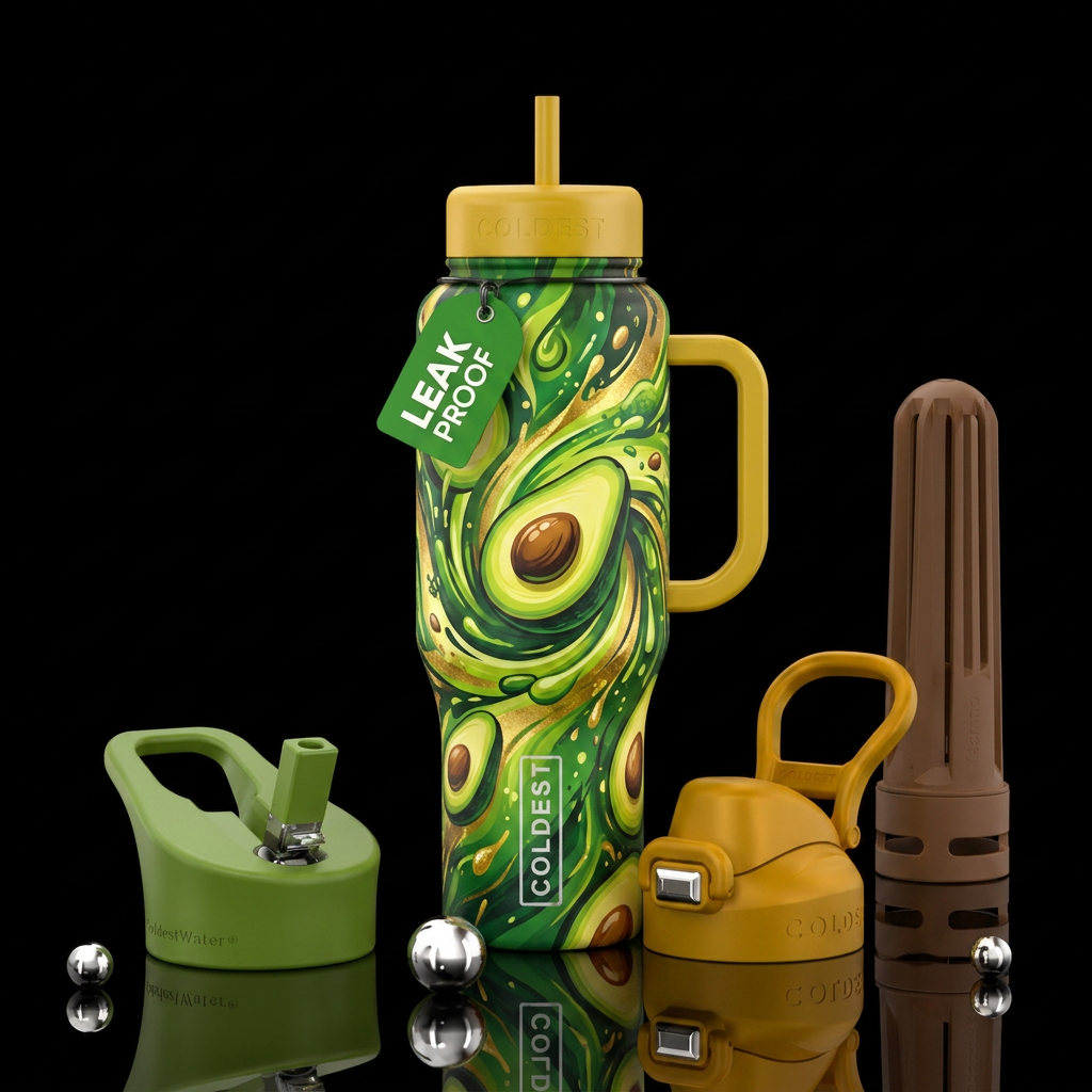 swirls, spirals, abstract, avocado, explosive water bottle design