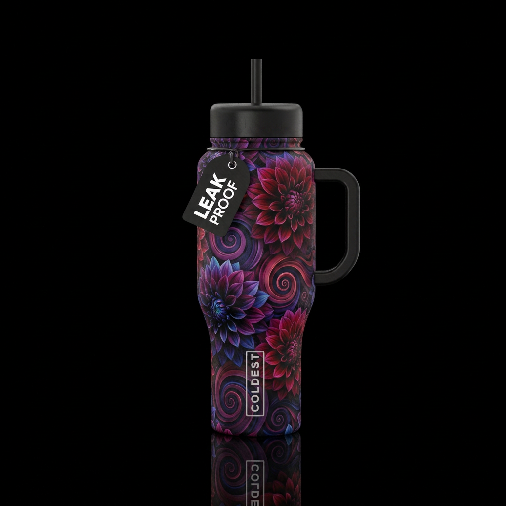 black dahlia, vibrant, swirls, spirals water bottle design