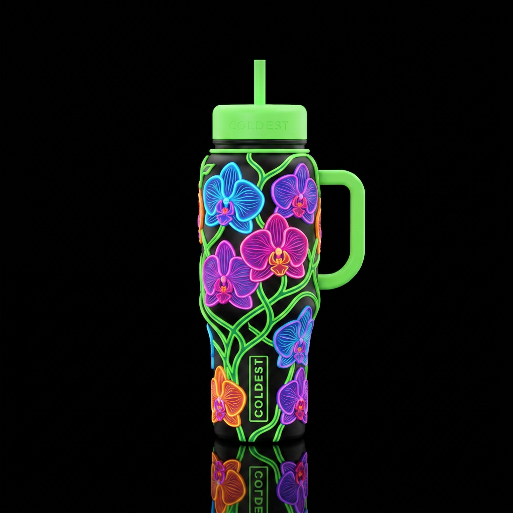 Multi colored orchids with green vines wrapping ar... water bottle design