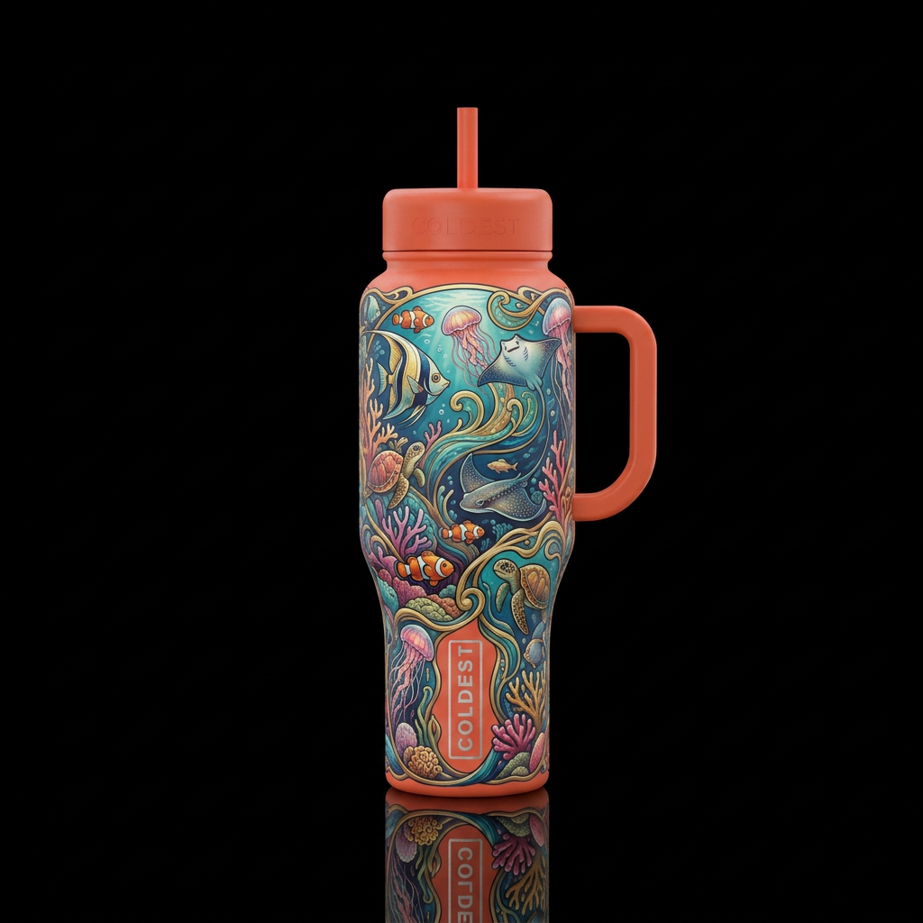 coral reef art nouvaue style lots of fish and stin... water bottle design
