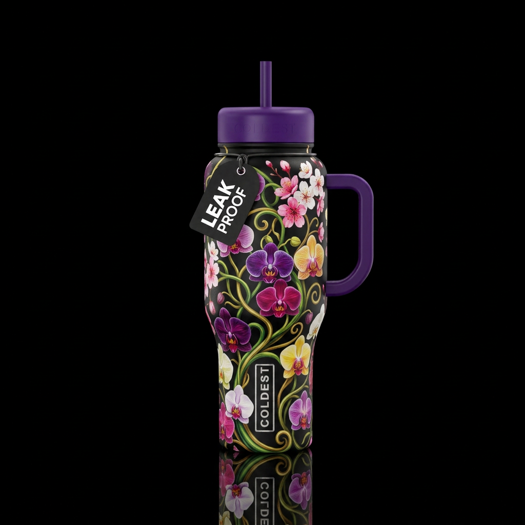 orchids and cherry blossoms multiple colors swirli... water bottle design
