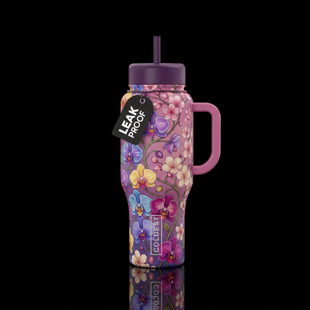 orchids and cherry blossoms multiple colors swirli... water bottle design