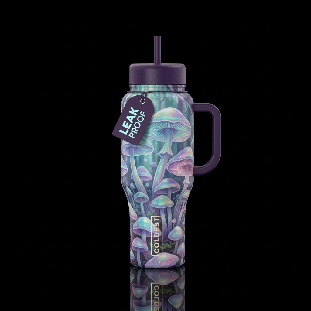 opalescent mushroom forest water bottle design
