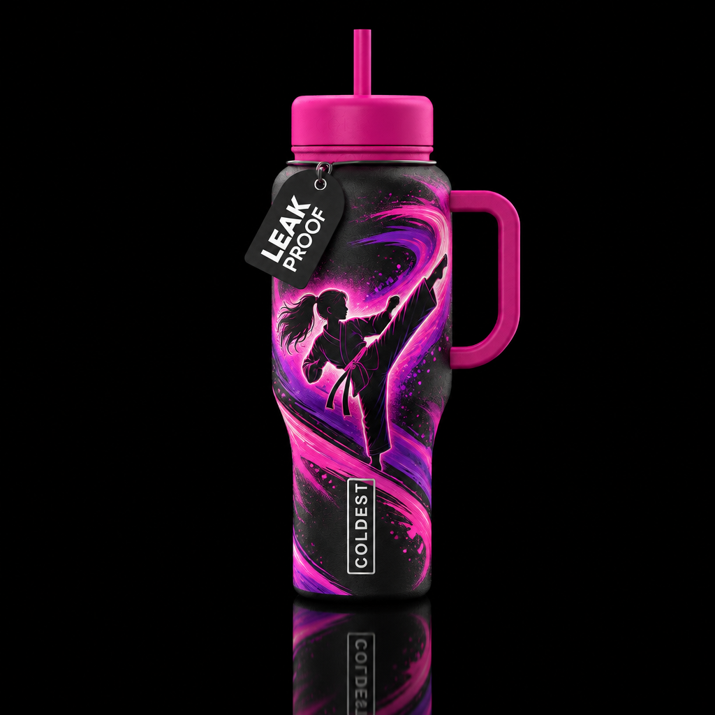 Girl taekwondo silloughette, vibrant, swirls, spir... water bottle design