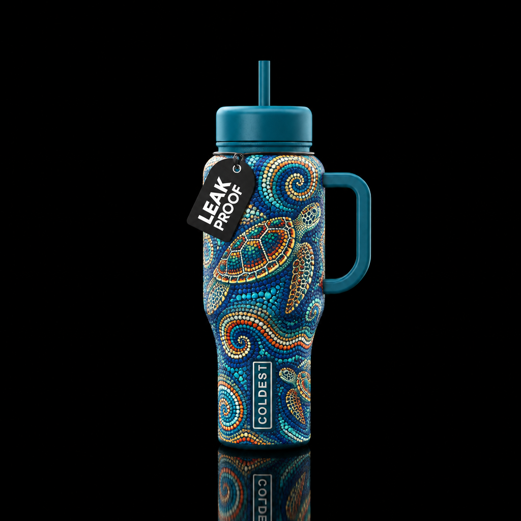 pointillism, swirls, spirals turtles water bottle design