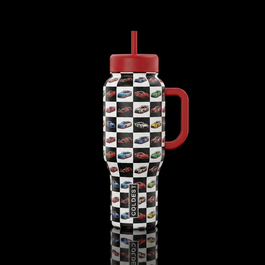 checker flag with race cars in the squares water bottle design