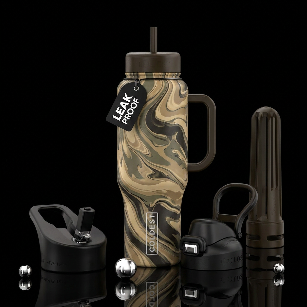 Dessert camo colors in the style of an acrylic pou... water bottle design