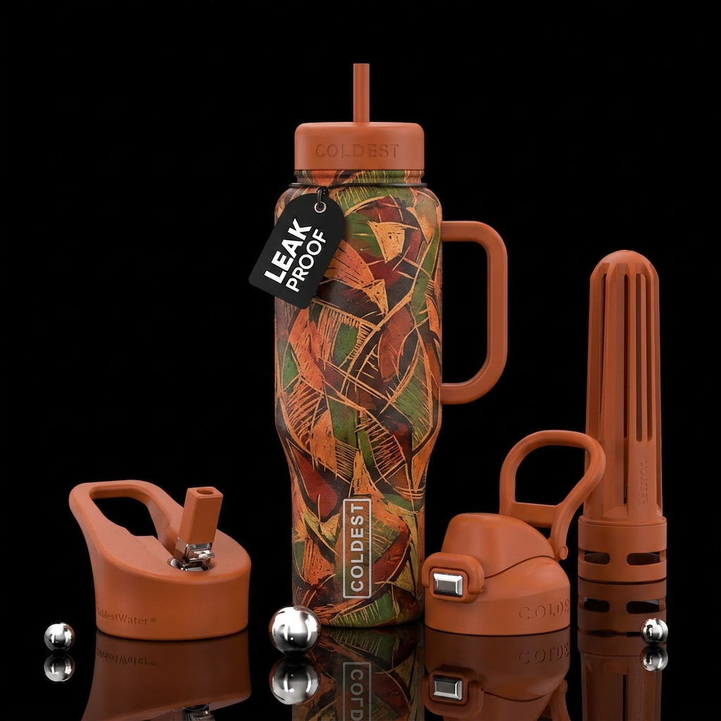 Sgraffito style abstract painting featuring autumn... water bottle design