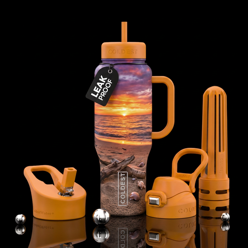 Lake Erie sunset on the beach.  Sand. Driftwood. S... water bottle design