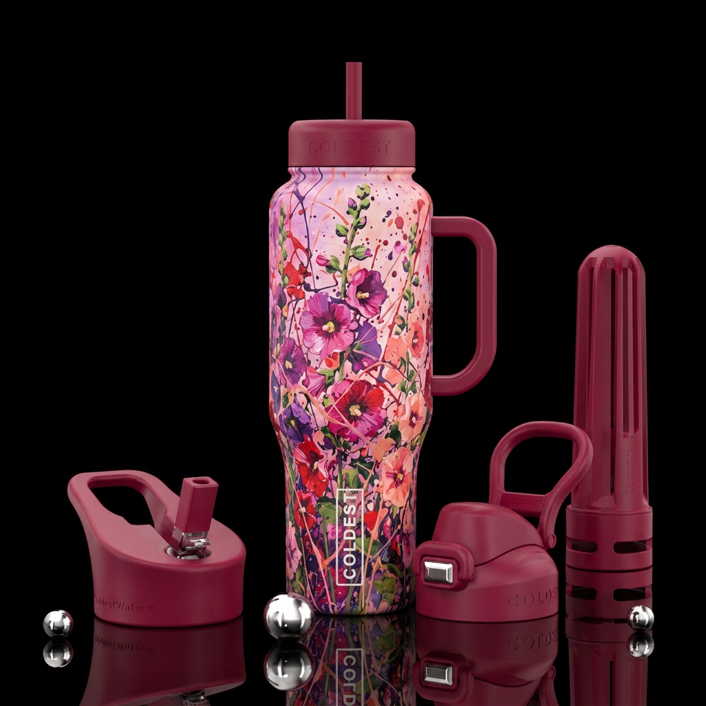 Hollyhock fantasy inspired by Jackson Pollock.  Vi... water bottle design