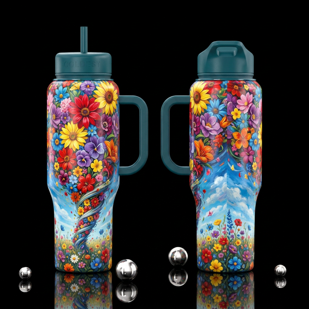 Tornado of blooms water bottle design