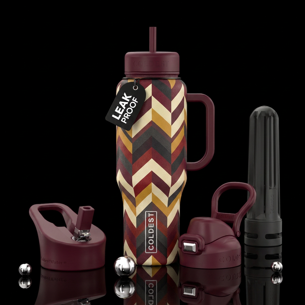 Seamless Geometric chevron. Burgandy, cream, musta... water bottle design