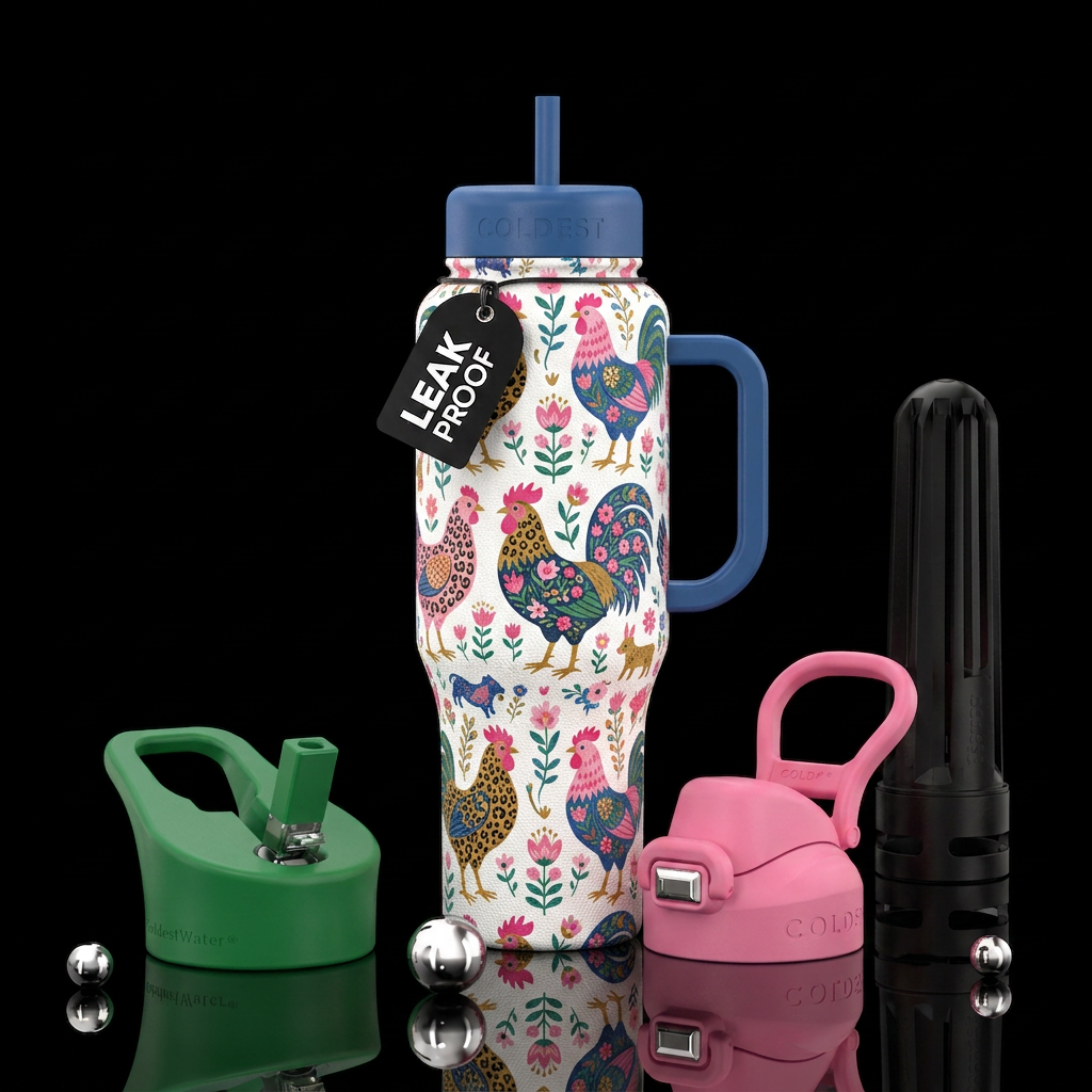 Folksy roosters water bottle design