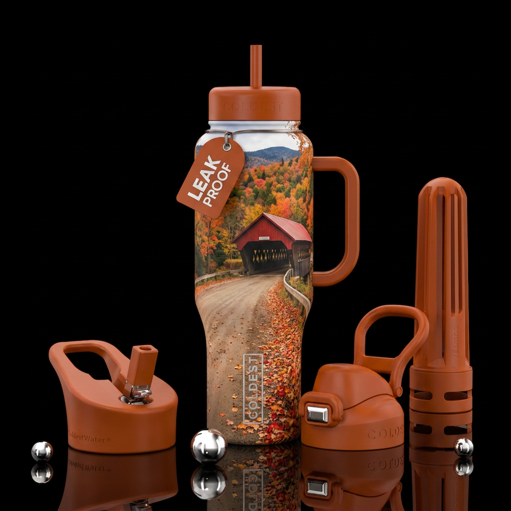 Autumn covered bridge water bottle design