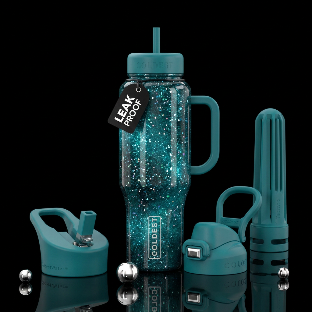 Cosmic teal glitter water bottle design