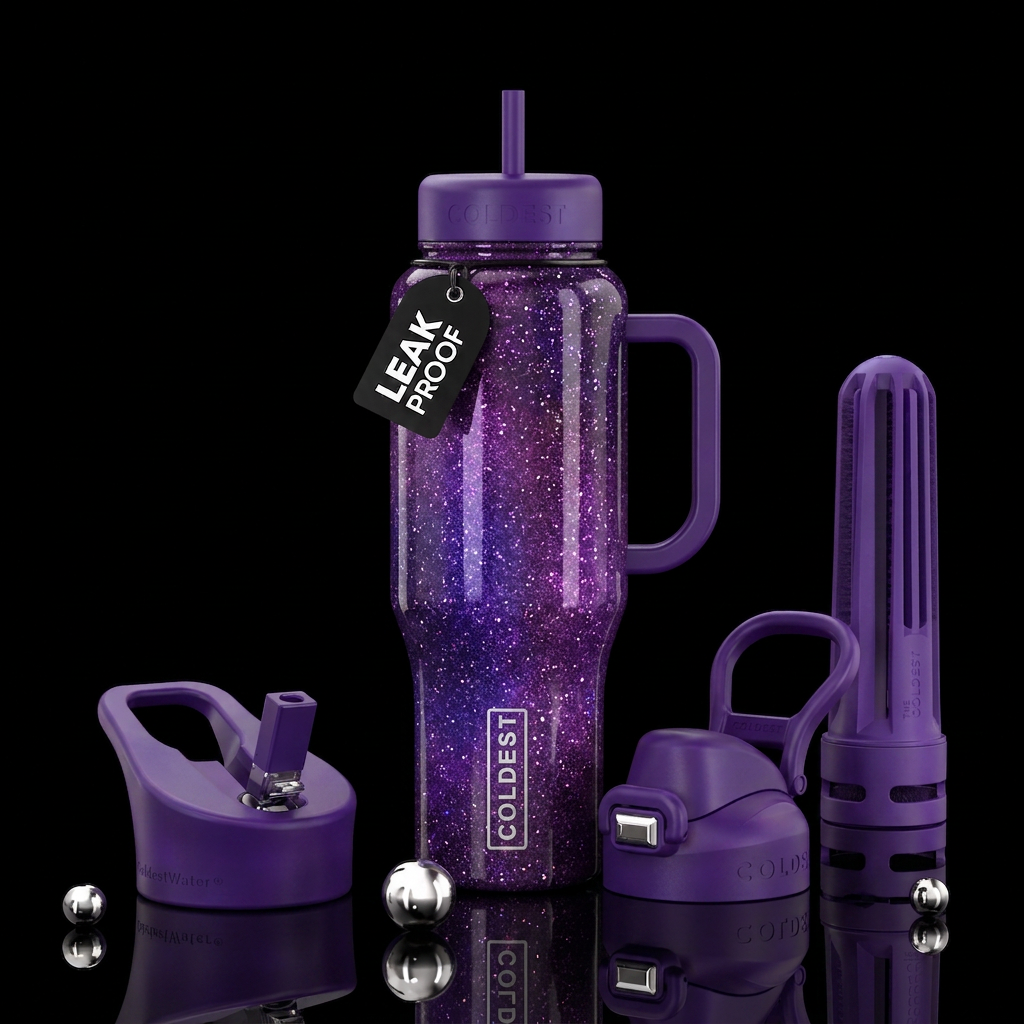 Cosmic Purple Glitter water bottle design