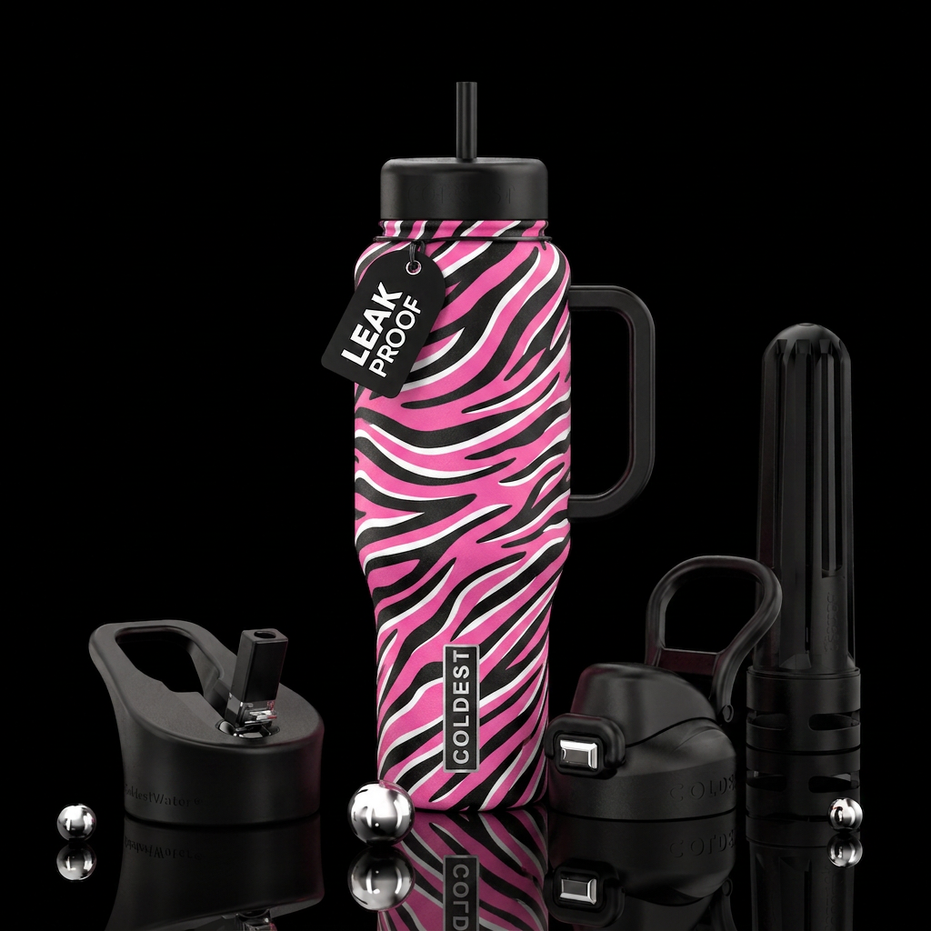 Pink zebra bold stripes with black and white accen... water bottle design