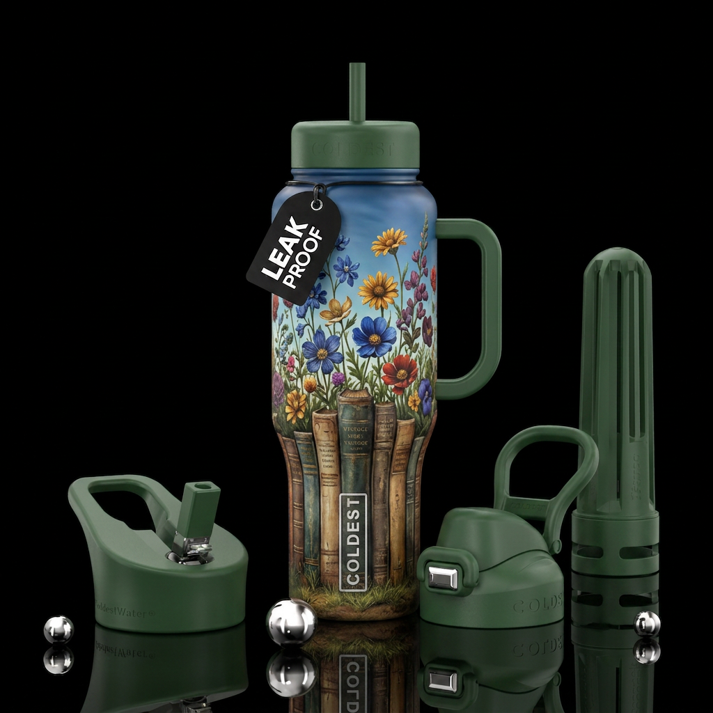 Floral books water bottle design