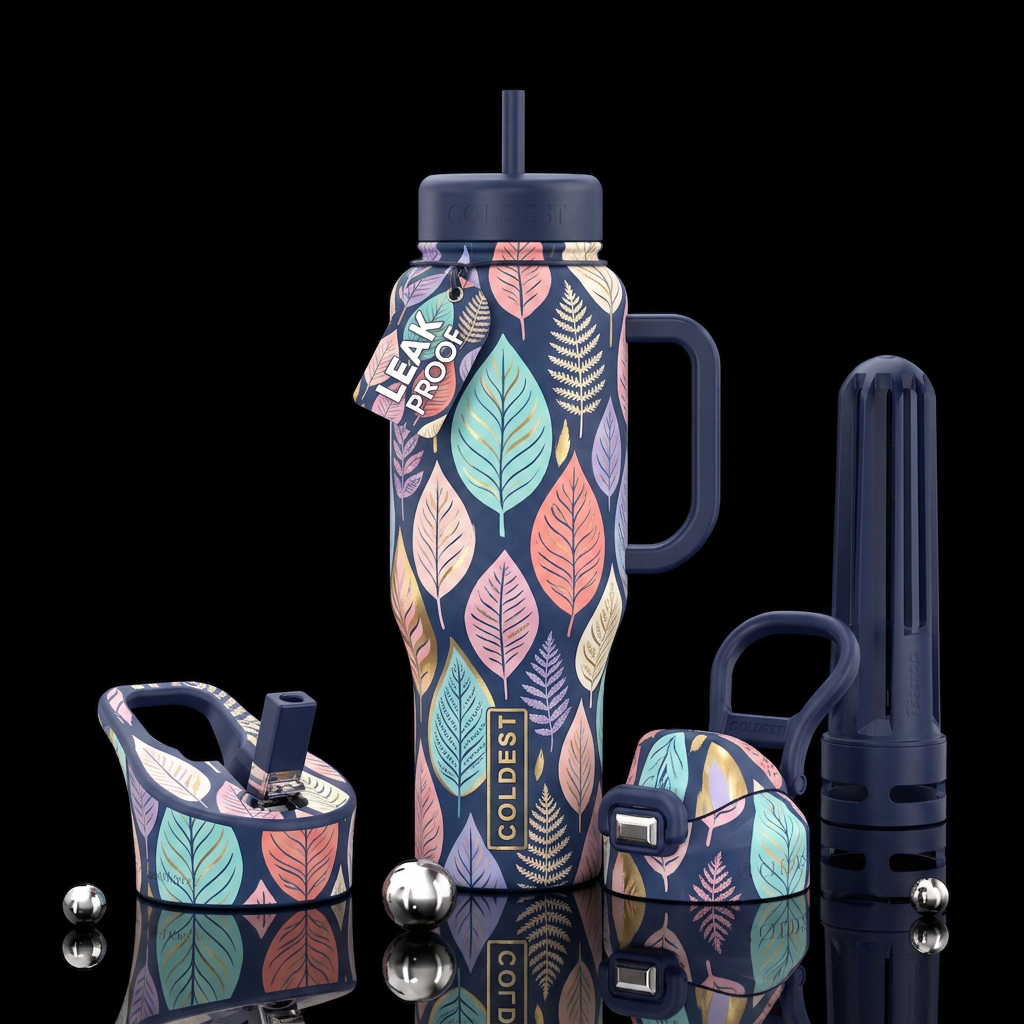 Scandinavian inspired stylized botanical leaves in... water bottle design