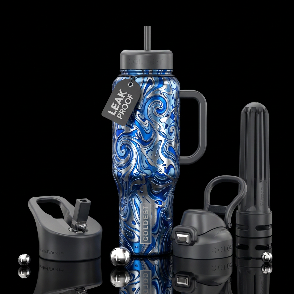 Textured blue metallic water bottle design