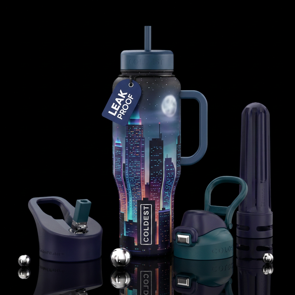 Nighttime cityscape.   Skyscrapers.  Silhouettes. ... water bottle design