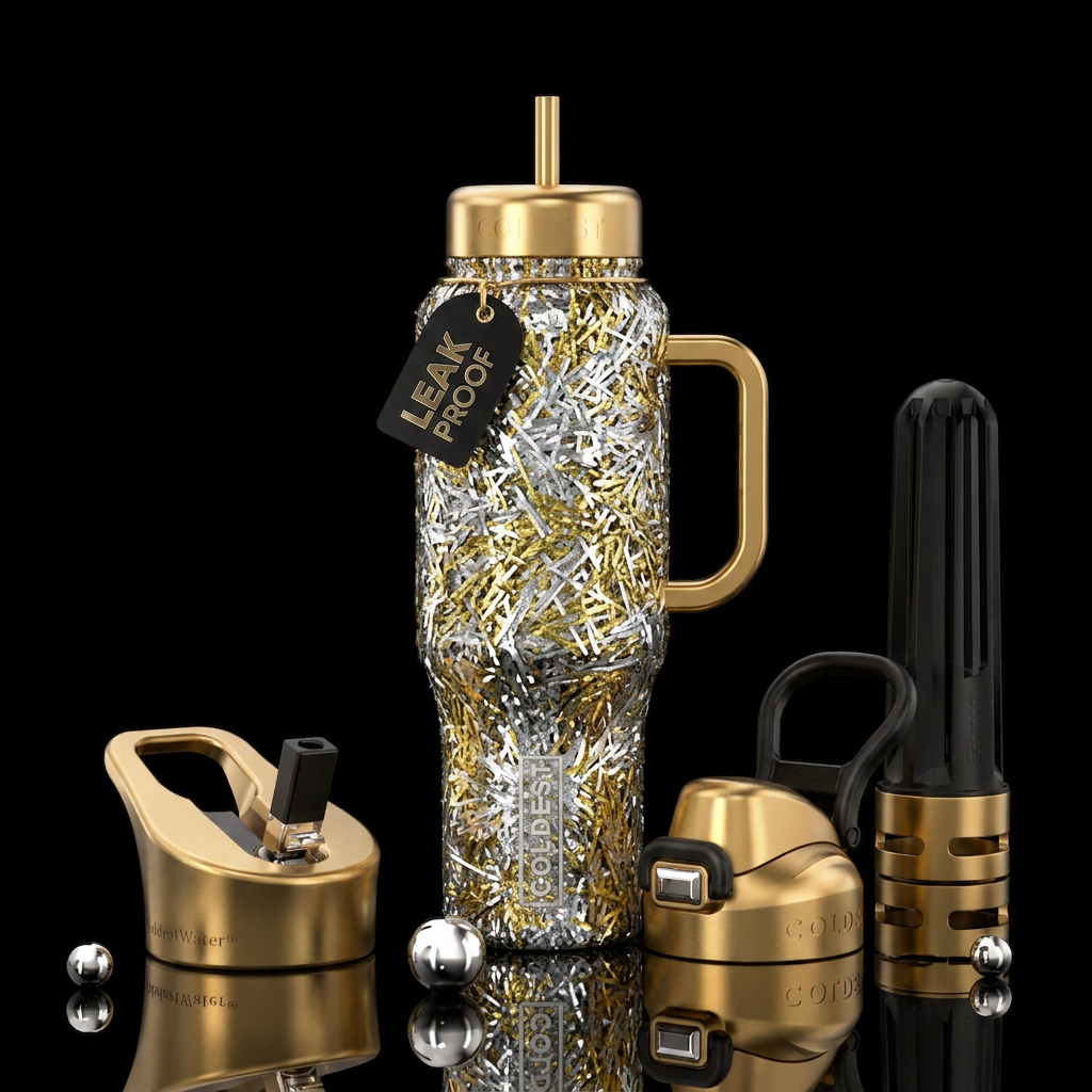 Glittery silver and gold iridescent tinsel stands.... water bottle design