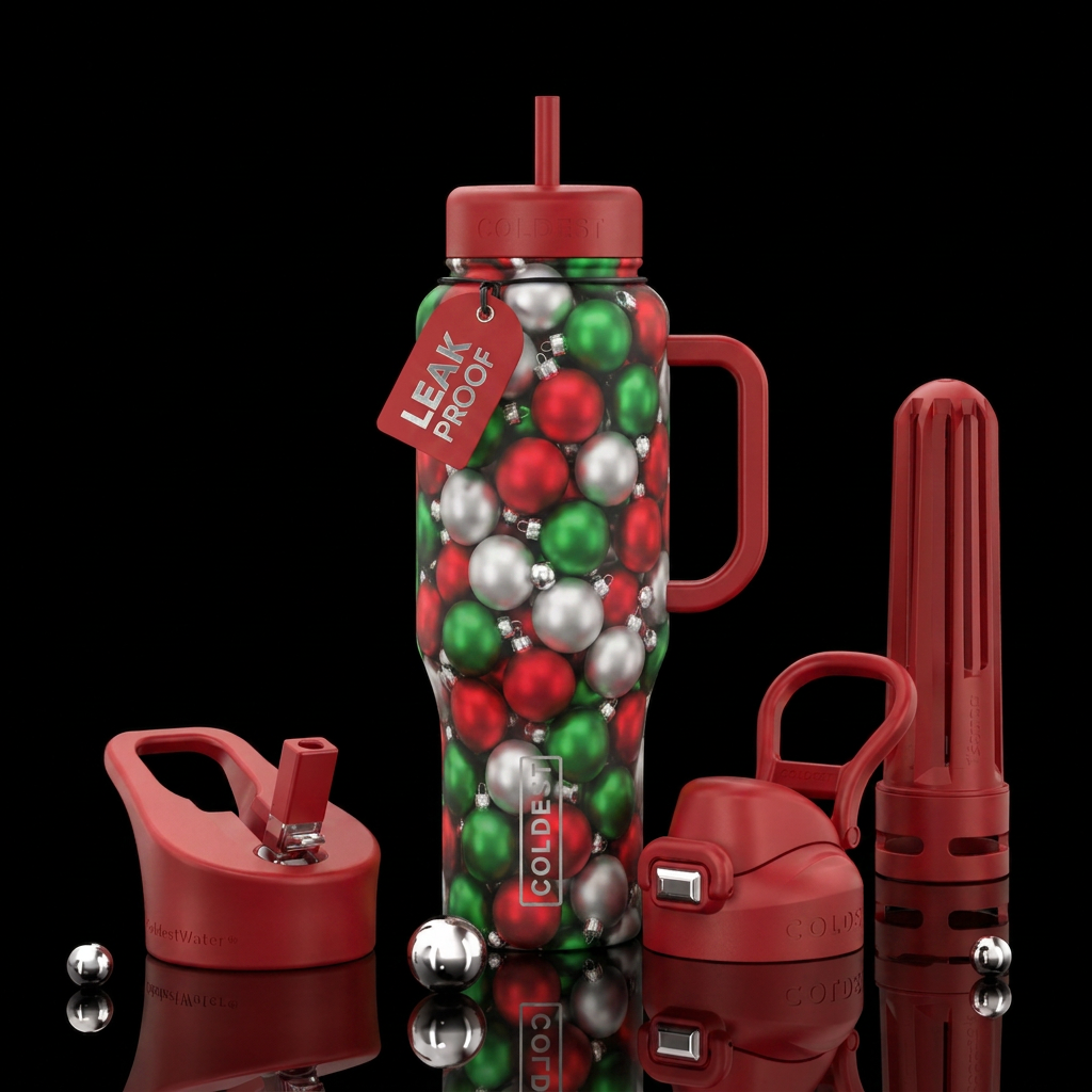 Small round satin finish Christmas bulbs in red gr... water bottle design