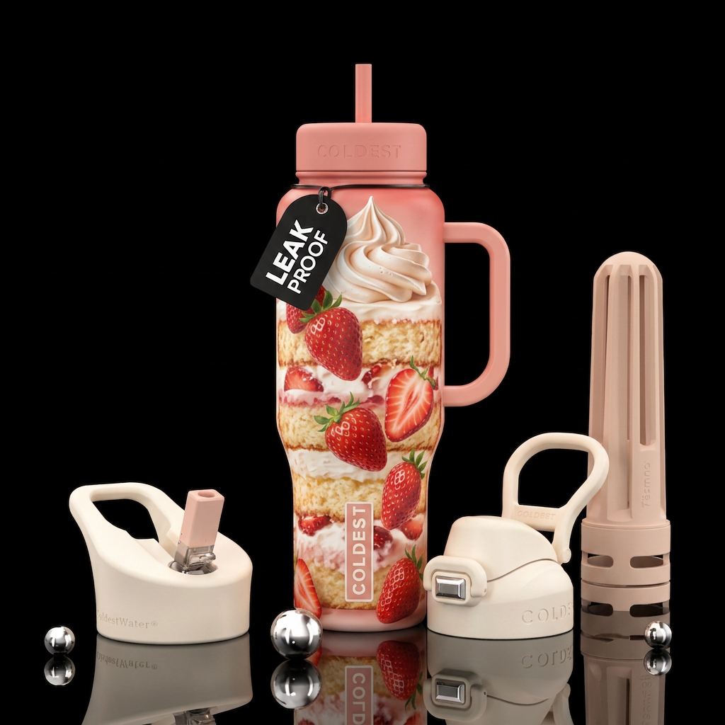 One giant slice of strawberry shortcake.  Whip cre... water bottle design