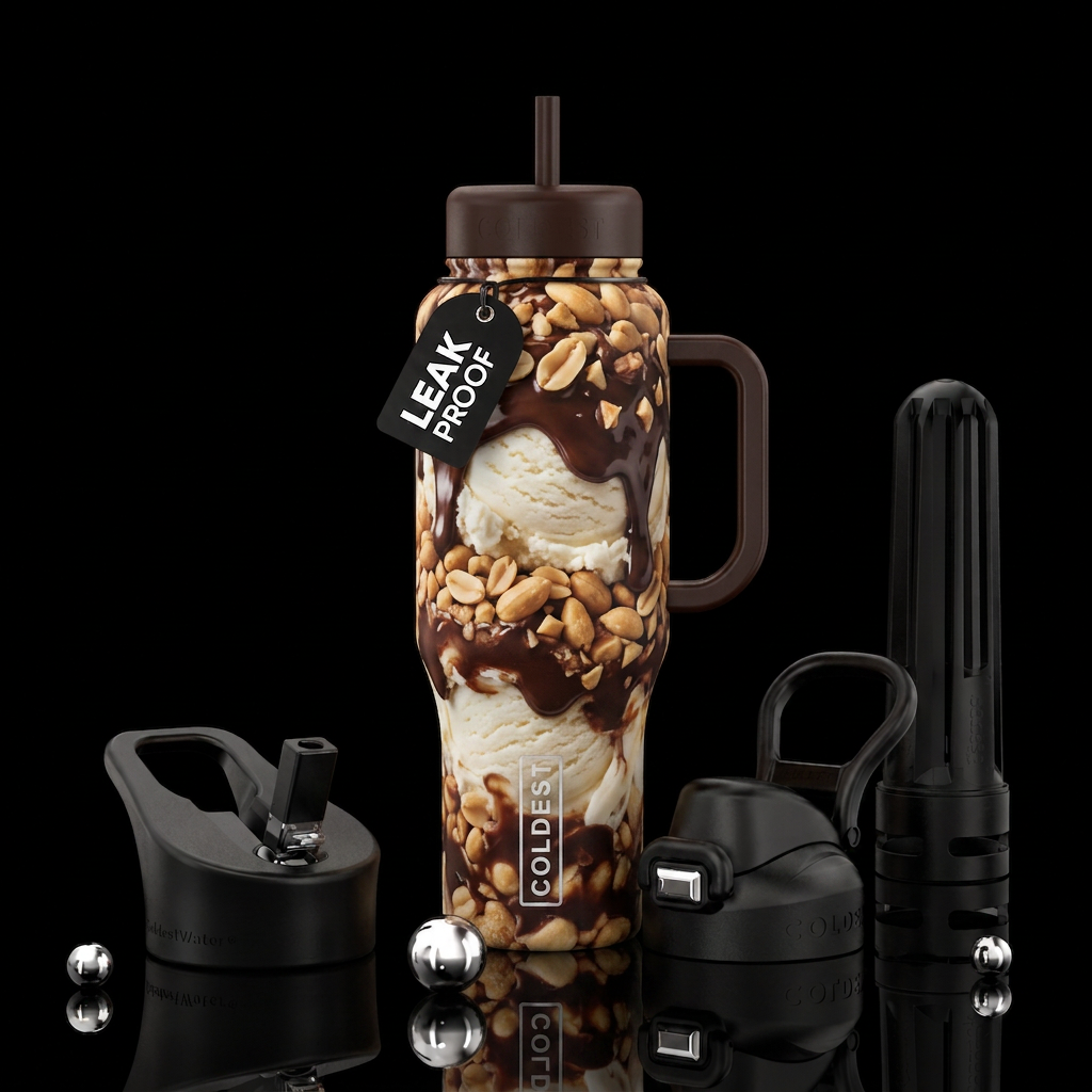 Hot fudge vanilla ice cream peanut buster parfait water bottle design