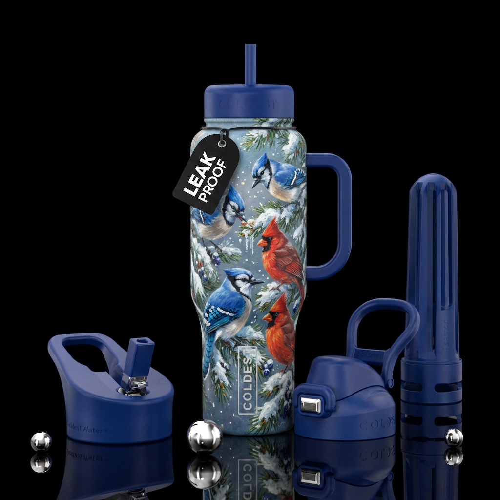 Oil painting of blue jays and cardinals on snow co... water bottle design