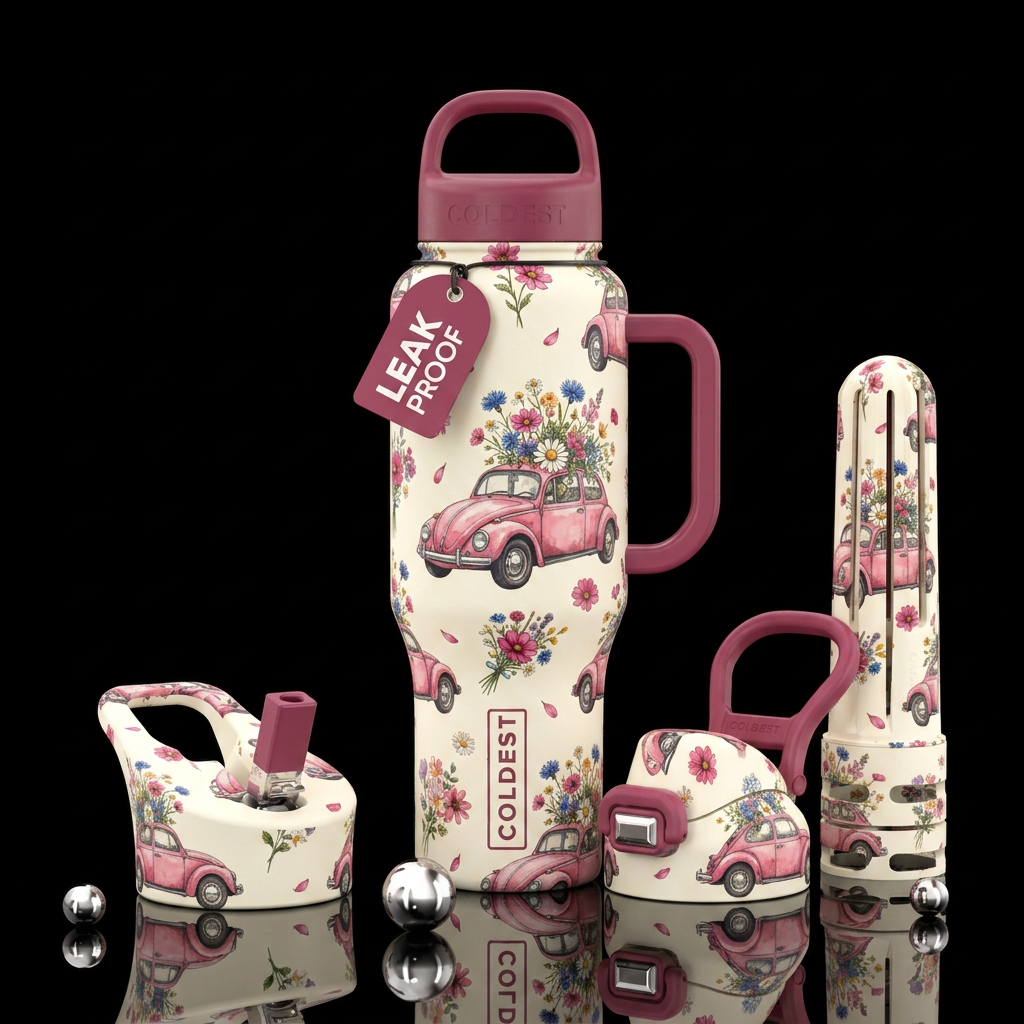 Floral VW.   Repeated pink Volkswagen Beatles on c... water bottle design