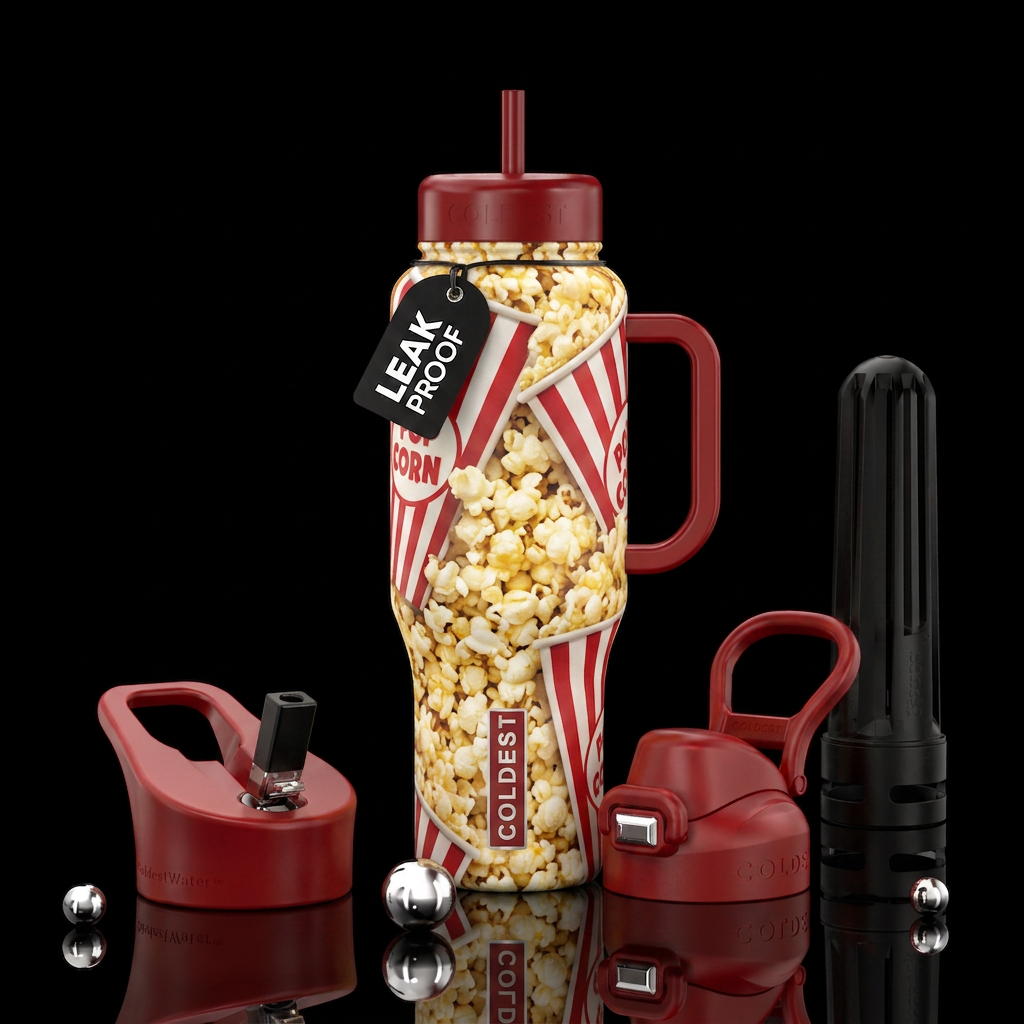 Buttered movie theater popcorn in retro large red ... water bottle design